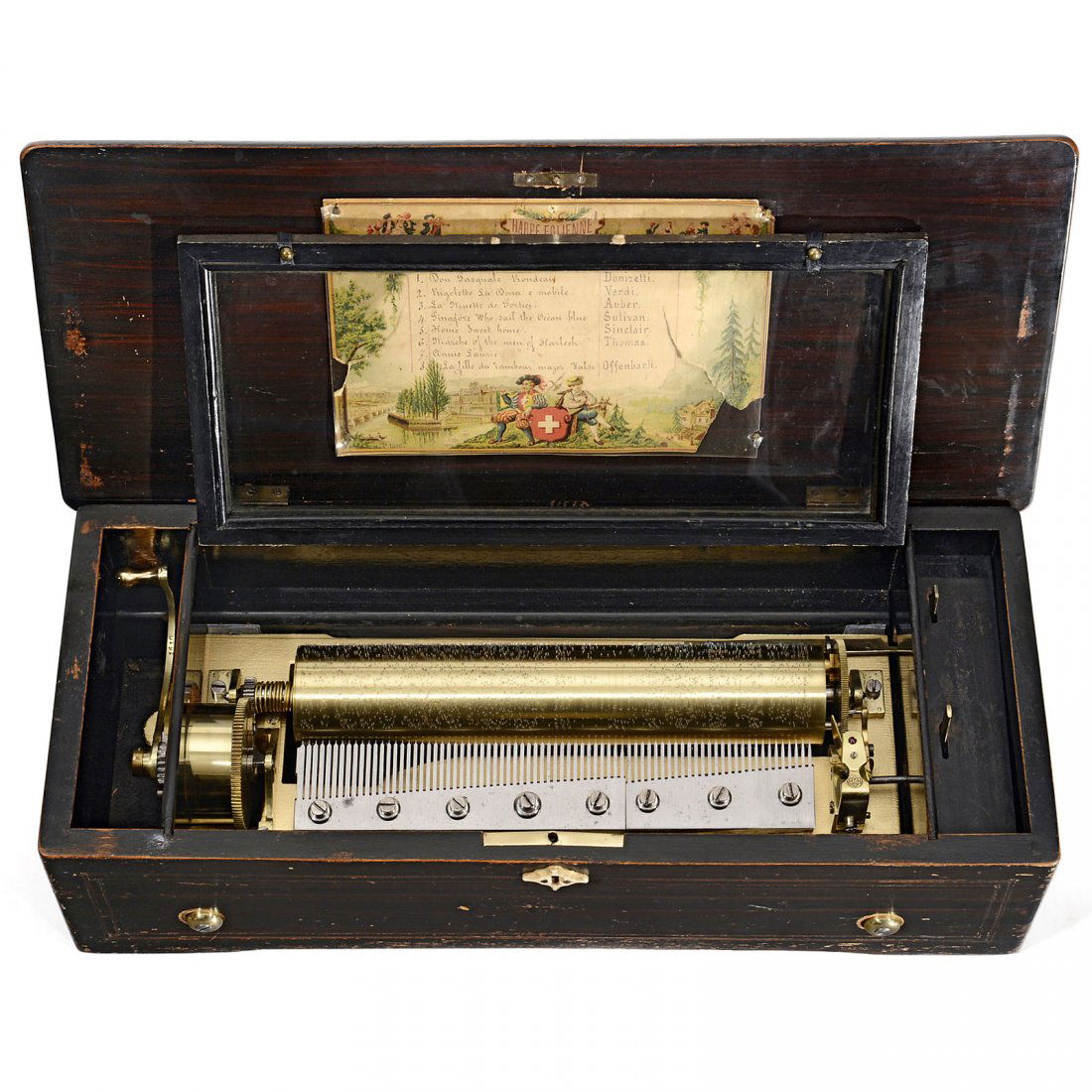 "Harp Eolienne" Musical Box by Bremond, c. 1880: Harp Eolienne Musical Box by Bremond, c. 1880 No. 1410, stamped "BAB" on governor cock, playing eight popular and operatic airs including "Pinafore, who Sail the Ocean Blue", with two combs of 28 and