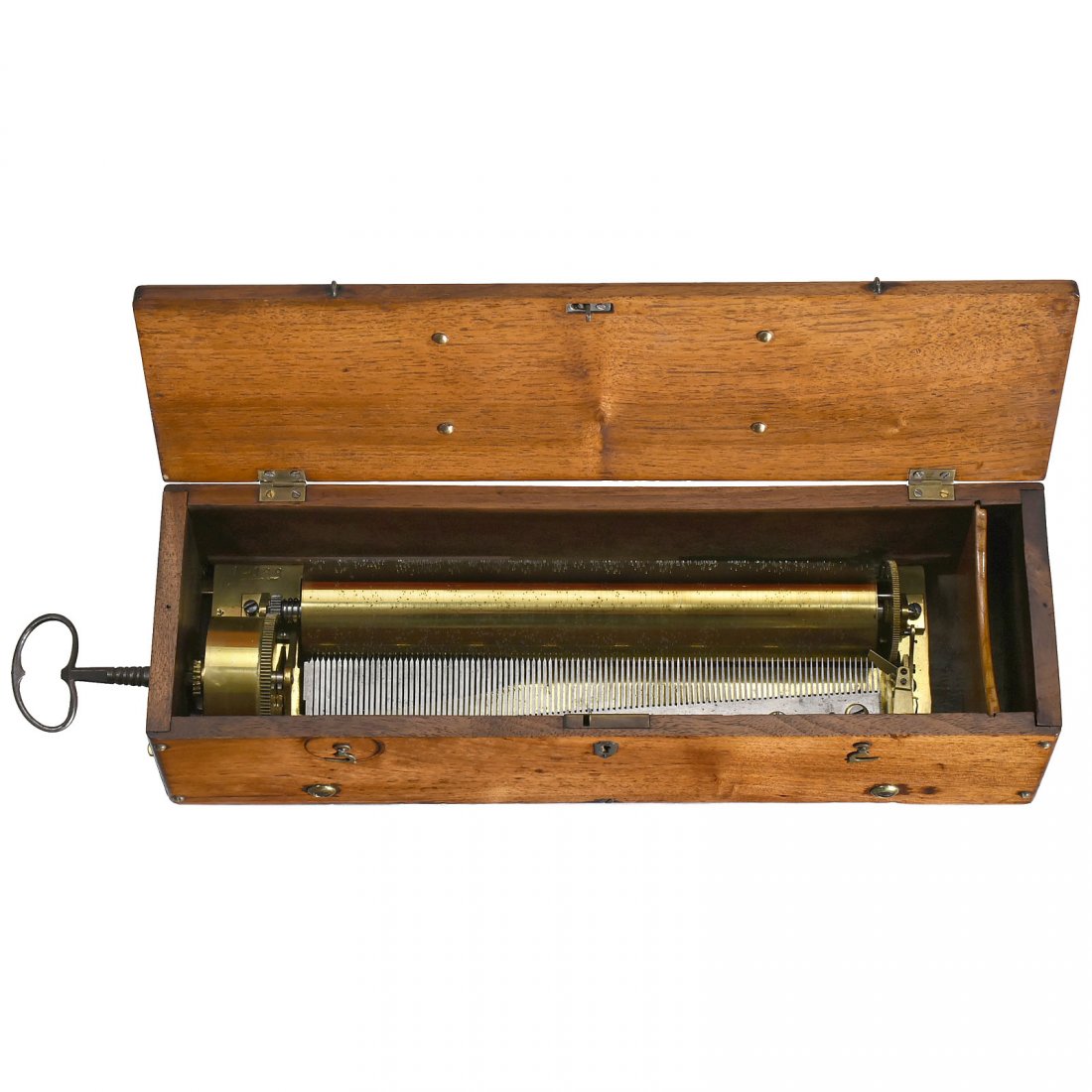 Early Key-Wind Musical Box by Ducommun-Girod, c. 1840: Early Key-Wind Musical Box by Ducommun-Girod, c. 1840 No. 14188, playing 6 airs, with 103 teeth in comb (complete), brass comb-washers, brass bedplate, instant-stop, external controls and plain fruitw