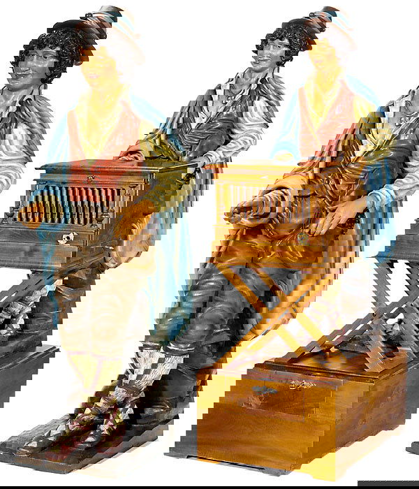 Savoyard with walnut case for "Polyphon Style 100: "Savoyard" with walnut case for "Polyphon Style 100". The legendary player figure for barrel organs and Polyphon disc machines as a first class replica in limewood of this marvellous original figurine