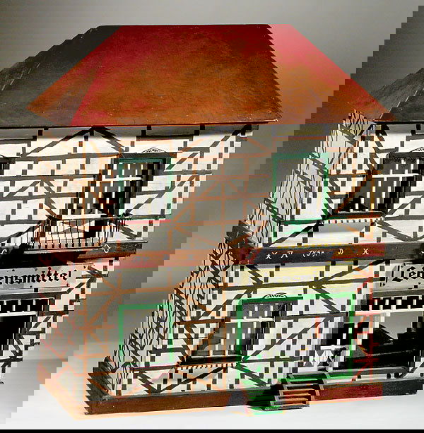 Doll's House with Corner Shop, c. 1925: Doll's House with Corner Shop, c. 1925 2 floors with 4 rooms, hand-colored wood, opening doors, glazed windows, with curtains and wallpaper, complete interior with cabinets, tables, settees etc., shop