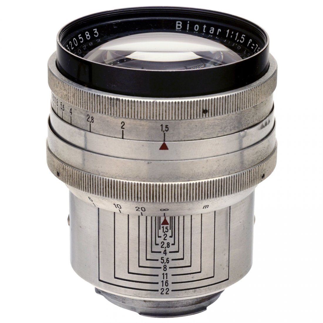 Biotar 1,5/7,5 cm T for Exakta: Biotar 1,5/7,5 cm T for Exakta Carl Zeiss, Jena. No. 3320583, aluminum body, with typical air bubbles and dirt between the elements, no scratches or cleaning marks, helical focusing stiff. Biotar 1,5/