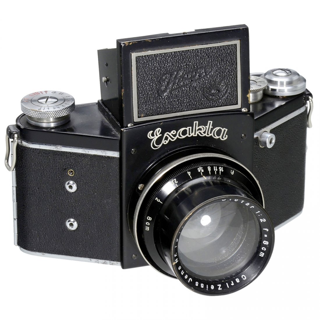 Night Exakta, Model B, with Biotar 2/8 cm, c. 1936: Night Exakta, Model B, with Biotar 2/8 cm, c. 1936 Ihagee, Dresden. Version 5.2, no serial number, black, Zeiss Biotar 2/8 cm, no. 1940674, mirrors in good condition, body in excellent condition, long