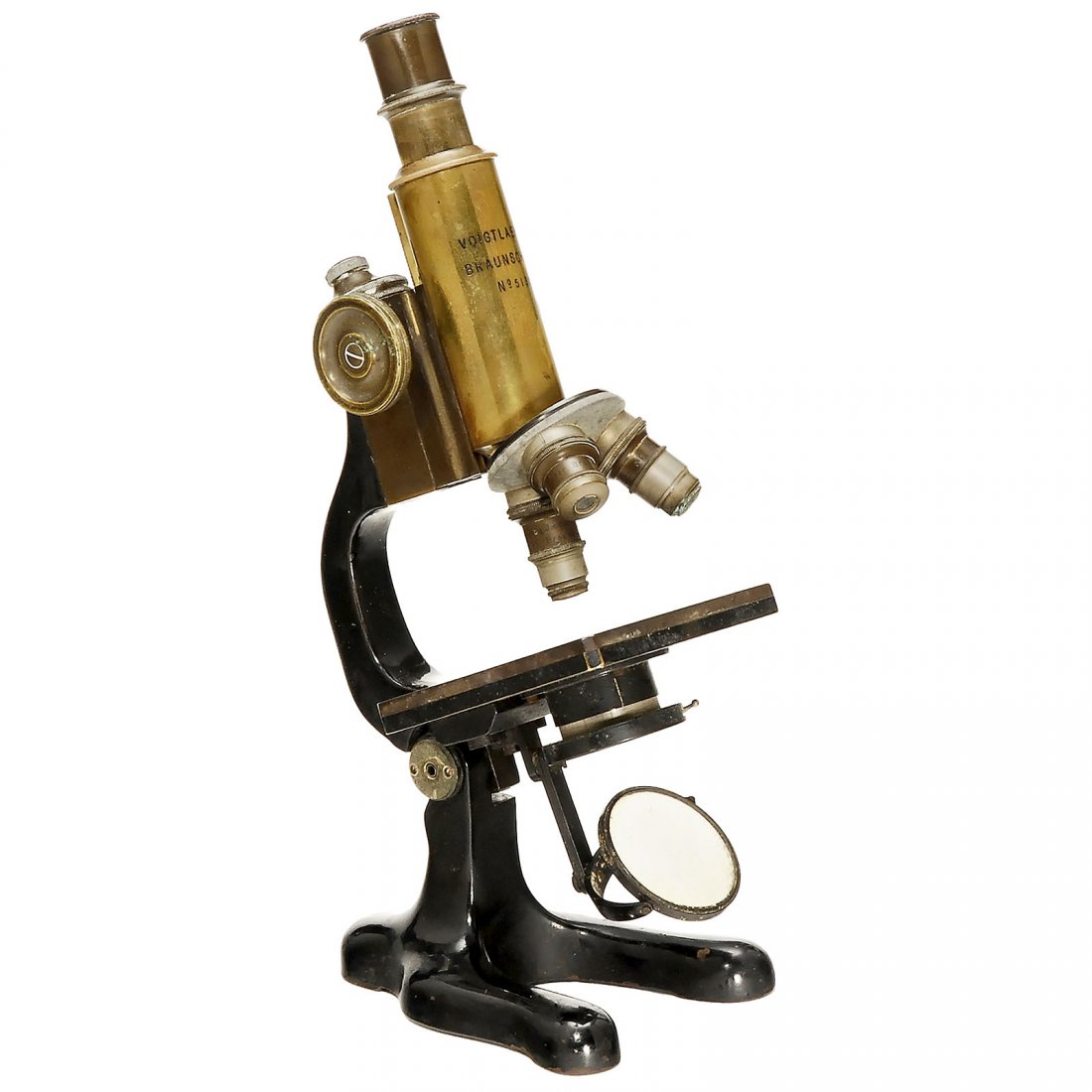 Voigtlaender Microscope, c. 1920: Voigtlaender Microscope, c. 1920 No. 51322, lacquered brass, blackened iron base, double mirror, condenser with iris diaphragm, coarse and fine adjustment, 1 ocular, 3 objectives, height 12 ½ in. "Vo