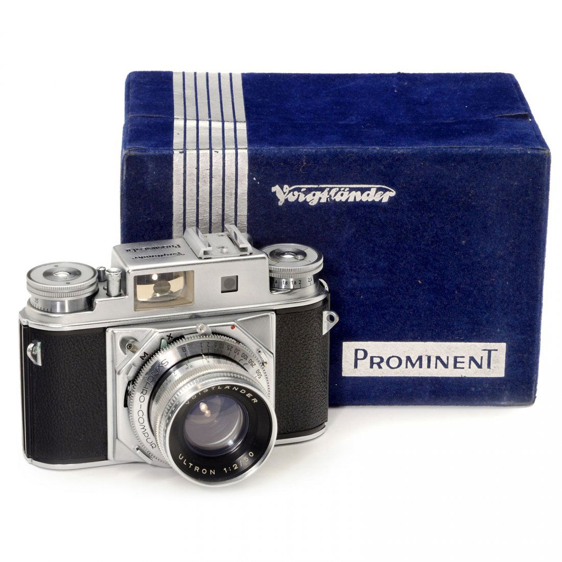 Prominent II (Like New!), 1959: Prominent II (Like New!), 1959 Voigtländer, Braunschweig. No. B33891, Ultron 2/50 mm, Synchro-Compur, excellent condition (like new), with original box. Prominent II (neuwertig!), 1959 Voigtländer,