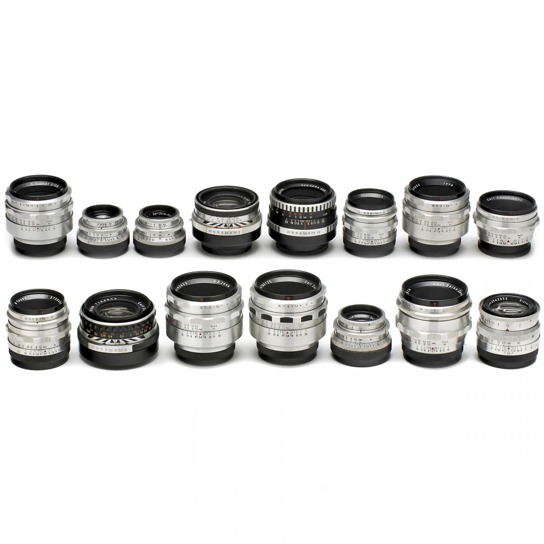 15 M42 Screw-Mount Lenses by Zeiss: 15 M42 Screw-Mount Lenses by Zeiss Carl Zeiss Jena. 1948–1973 (sorted by serial numbers). 1) Tessar 3,5/5 cm T, no. 3231743. – 2) Tessar 2,8/5 cm T, no. 3254925. – 3) Tessar 4,5/4 cm T, no. 3444