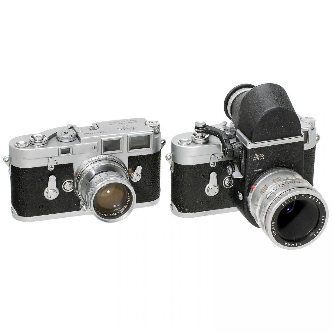 2 x Leica M3 with Lenses: 2 x Leica M3 with Lenses Leitz, Wetzlar. 1) Leica M3, no. 749794, 1955, chrome, double-stroke advance, still without field frame selector, rewind knob with one red dot, vulcanite parts on back missing