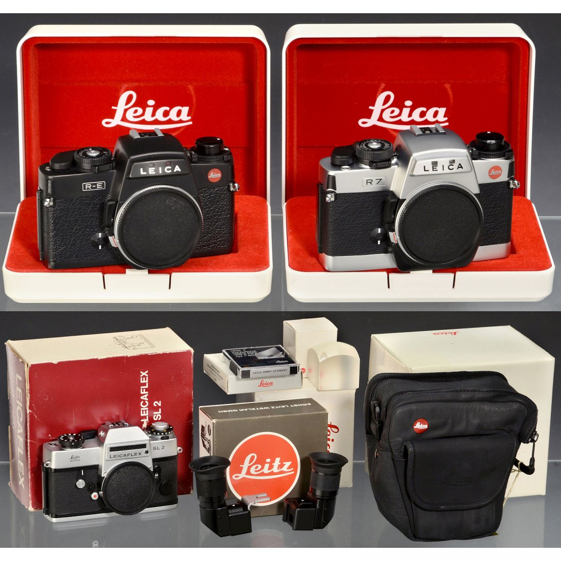 Leica SLR Cameras: R7, R-E, SL2 and Accessories: Leica SLR Cameras: R7, R-E, SL2 and Accessories Leica, Solms and Leitz, Wetzlar. 1) Leica R7, chrome, no. 2008901. With case, box and papers. Like new. (1/–) – 2) Leica R-E, black, no. 1786480, ba