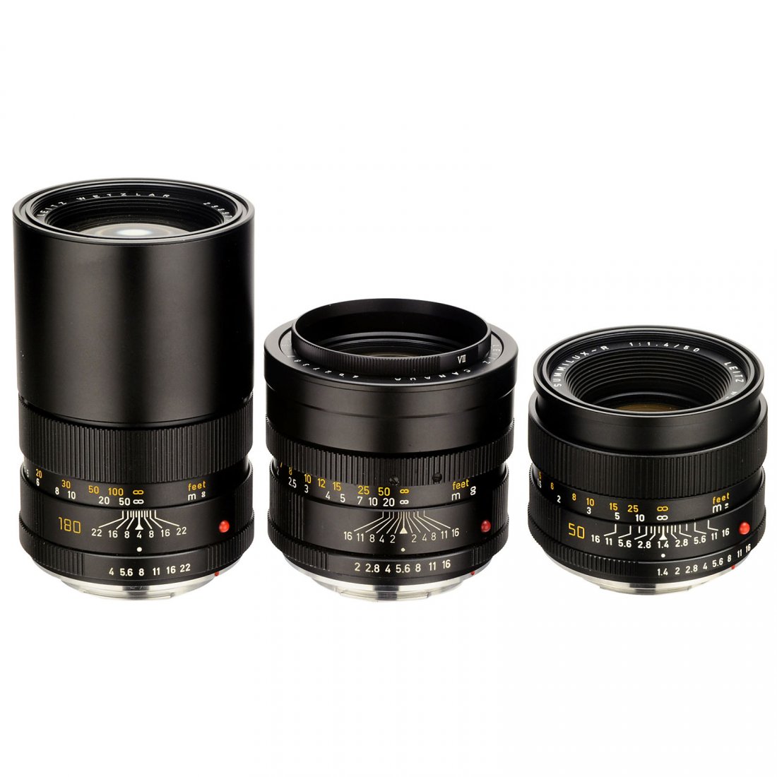 3 Leica-R Lenses: 3 Leica-R Lenses 1) Leitz, Wetzlar. Summilux-R 1,4/50 mm, no. 3386508, only R, built-in lens hood, rear cap, box, like new! (1–2/1) – 2) Leitz, Canada. Summicron-R 2/90 mm, 3-cam, no. 2627387, exc