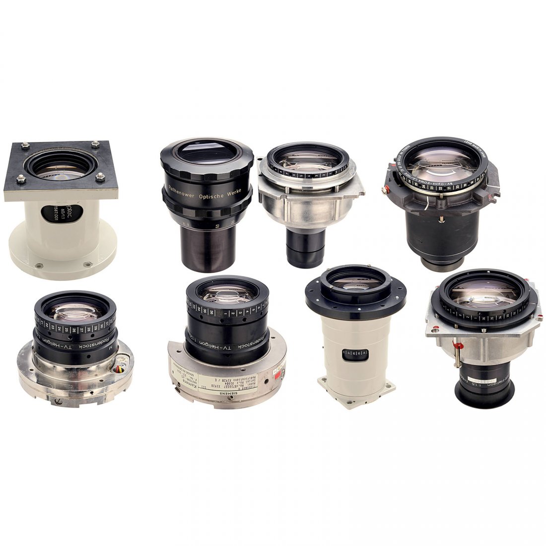 8 Special Lenses: 8 Special Lenses Presumably for TV or X-ray. 1) Rodenstock Rotelar 6,6/400 mm, height 6 ¼ in. – 2) Optec OBX 1,1/60 mm, height 4 1/3 in. – 3) Rodenstock XR-Heligon 1,5/100 mm. – 4) Kowa BV-Opti