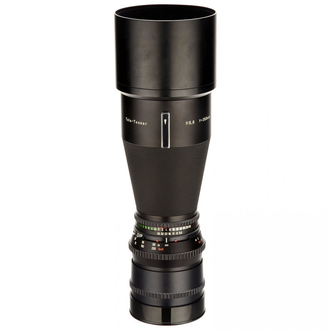 Tele-Tessar 5,6/350 mm T: Tele-Tessar 5,6/350 mm T Hasselblad/Carl Zeiss, Oberkochen. No. 5968968, with lens hood and case. – Top condition! Tele-Tessar 5,6/350 mm T Hasselblad/Carl Zeiss, Oberkochen. Nr. 5968968, mit Gegenl