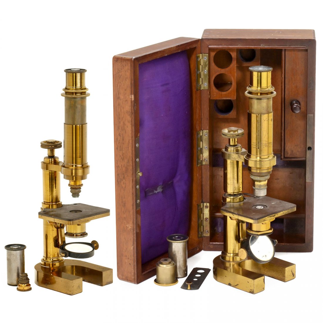 Brass Compound Microscopes by Hartnack: Brass Compound Microscopes by Hartnack 1) Signed on the tube: "Dr. E. Hartnack, Potsdam", c. 1880. Original lacquered brass, double mirror, substage tube for pinhole diaphragm, draw tube, milled-head 