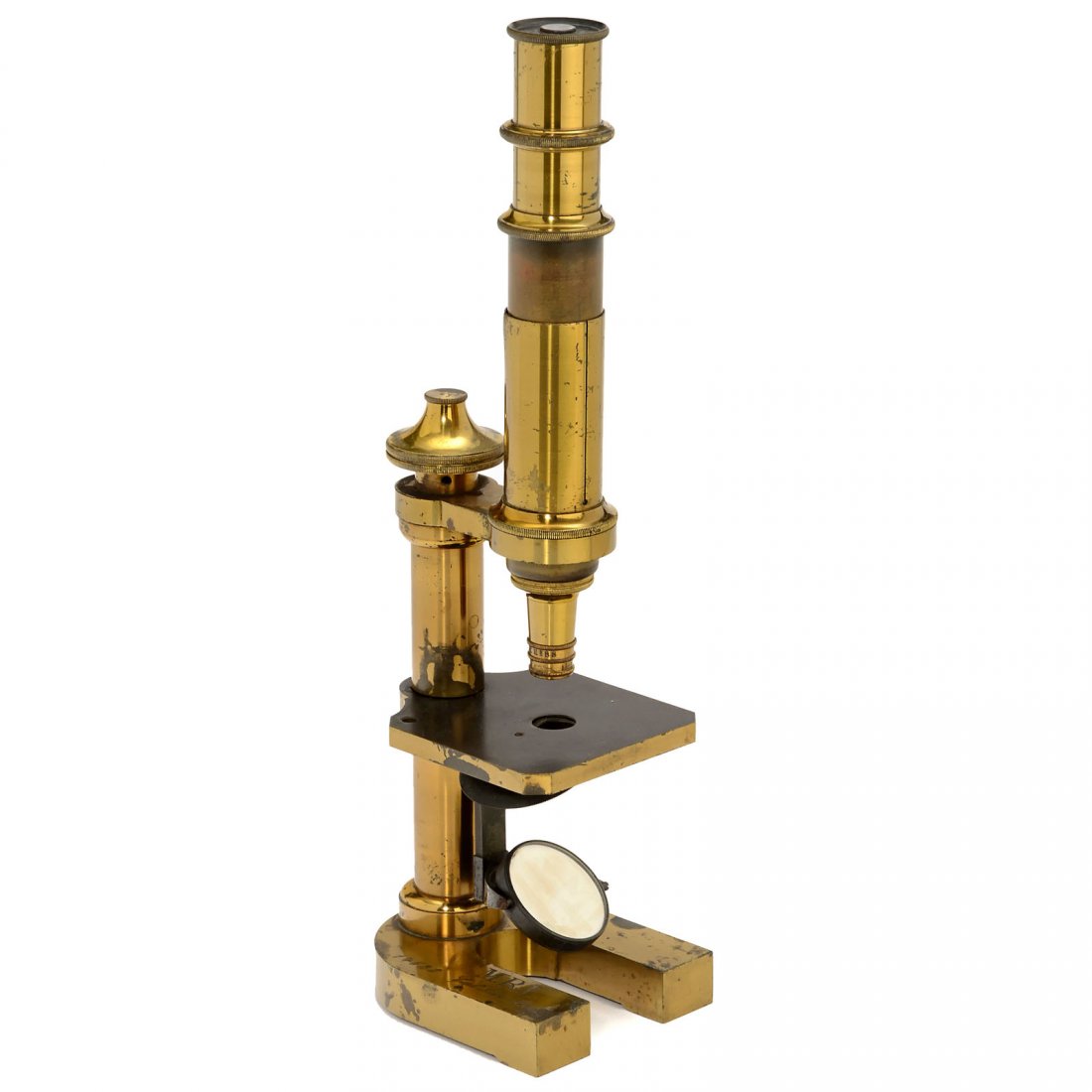 Brass Microscope by Carl Zeiss, c. 1889: Brass Microscope by Carl Zeiss, c. 1889 Carl Zeiss, Jena. No. 14523, brass, original lacquer, 1 signed Zeiss lens and 1 ocular (4), coarse and fine adjustment, convex pinhole-rotating diaphragm under 