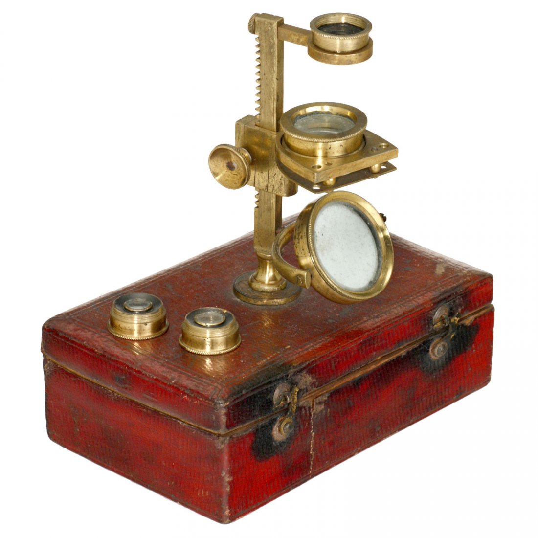 Botanical Simple Microscope, c. 1770: Botanical Simple Microscope, c. 1770 Probably England, original lacquered brass, sharkskin-covered velvet-lined box base, threaded rectangular pillar, inset single mirror, rack-and-pinion focusing to 
