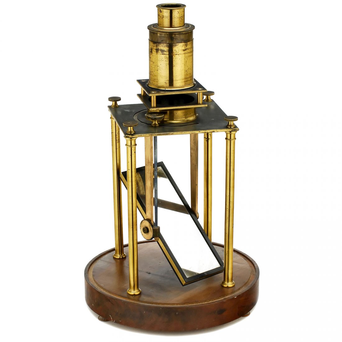 Large Solar Microscope, c. 1870: Large Solar Microscope, c. 1870 Unmarked, lacquered brass, on round wooden stand, Ø 14,56 in., mirror in brass frame 11 x 4,7 in., rack-and-pinion adjustment, height 25,6 in., without condenser glass