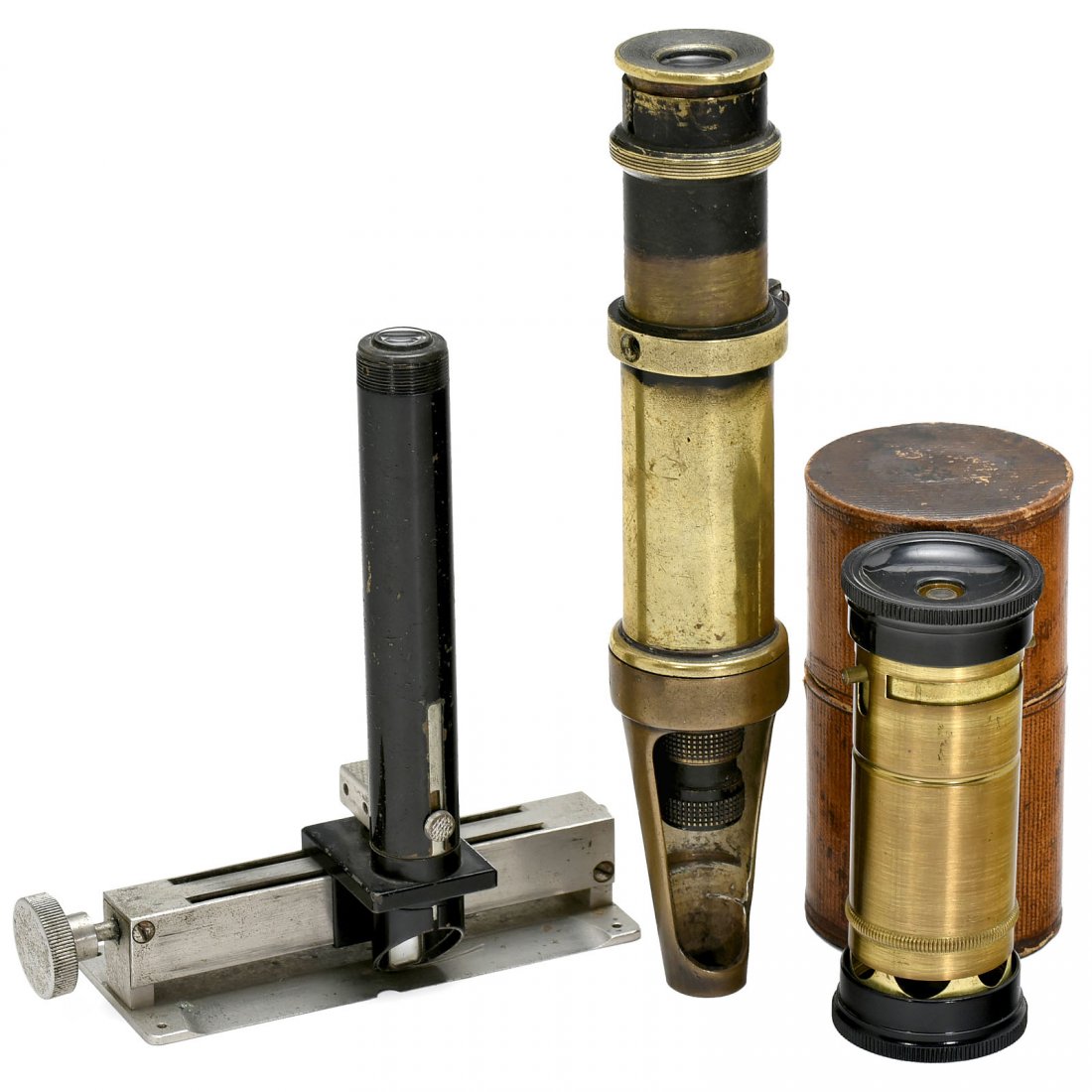 3 Materials Research and Testing Microscopes, c. 1900: 3 Materials Research and Testing Microscopes, c. 1900 1) Linen tester, original lacquered brass, Bakelite lens mount, height 3 1/6 in. – 2) Laterally-adjustable microscope, blackened brass and nicke