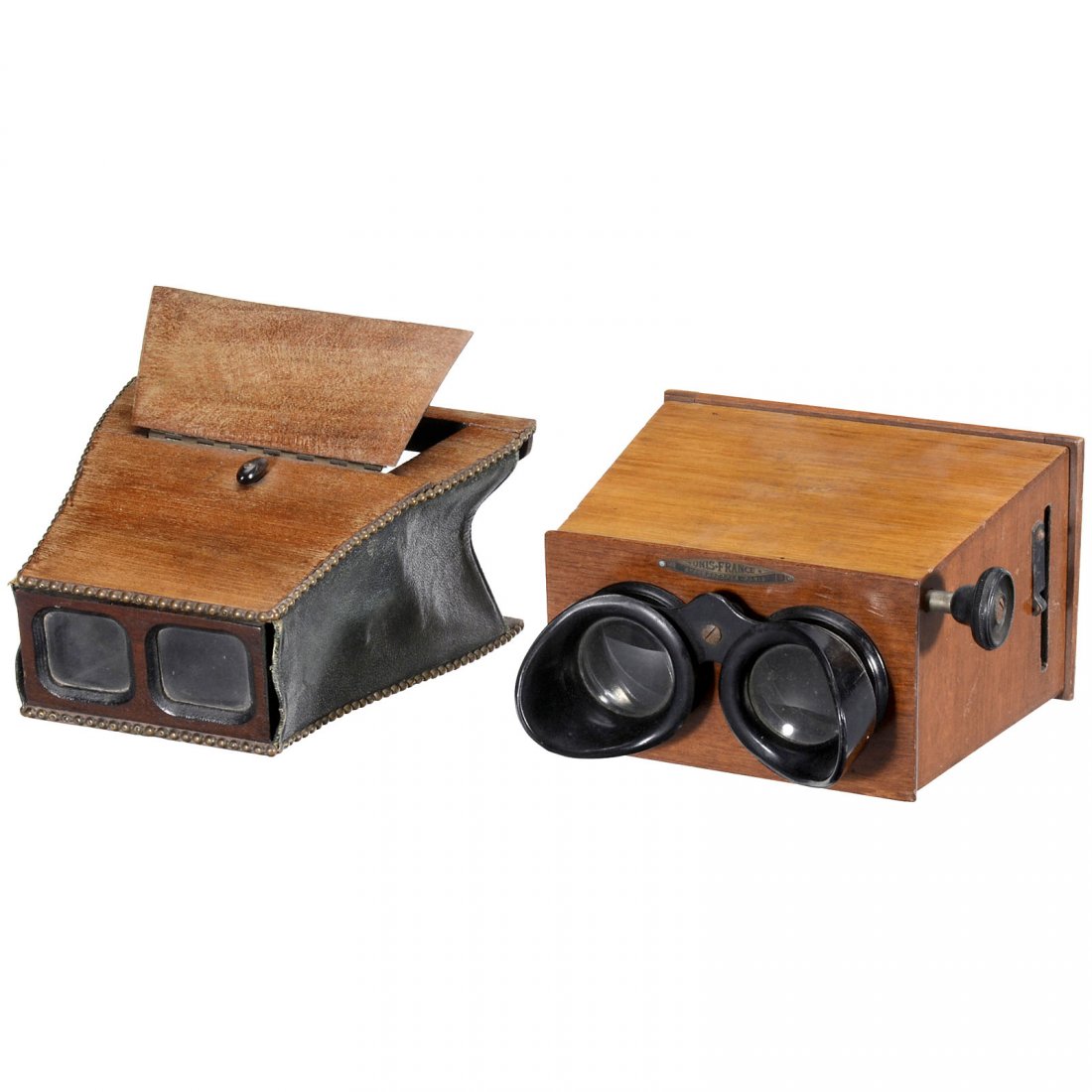 2 Stereo Viewers, c. 1910: 2 Stereo Viewers, c. 1910 1) Unis France, stereo viewer for slides of 6 x 13 cm, focusable, long focal length of oculars. (3/3) – And: 2) Manufacturer unknown, foldable stereo viewer for cards and s