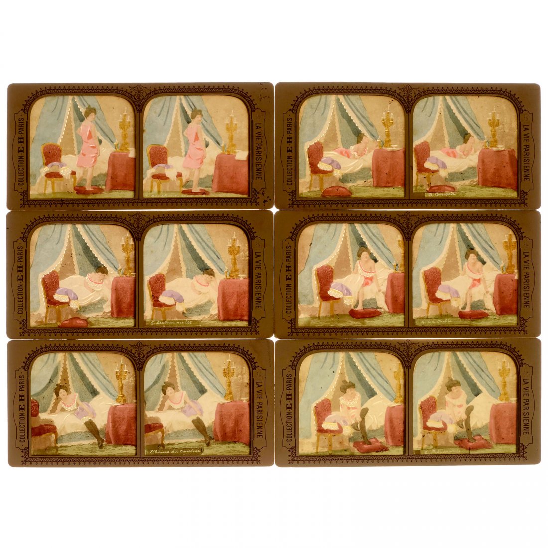 6 Erotic Tissue Stereo Cards (9 x 18) "La Vie: 6 Erotic Tissue Stereo Cards (9 x 18) "La Vie Parisienne", c. 1900 Collection E.H., Paris, 6 hand-colored translucent stereo cards of 9 x 18 cm, with pin pricks, showing an attractive woman undressing