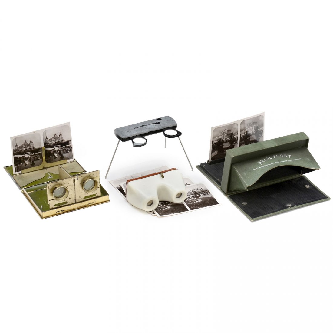 4 Hand-Held Stereo Viewers: 4 Hand-Held Stereo Viewers 1) Helioplast, c. 1902, folding stereo viewer for cards of 9 x 18, focusable. (3–4/3) – 2) "Stereoskop-Apparat" by Neue Photographische Gesellschaft, Berlin, c. 1910, fo