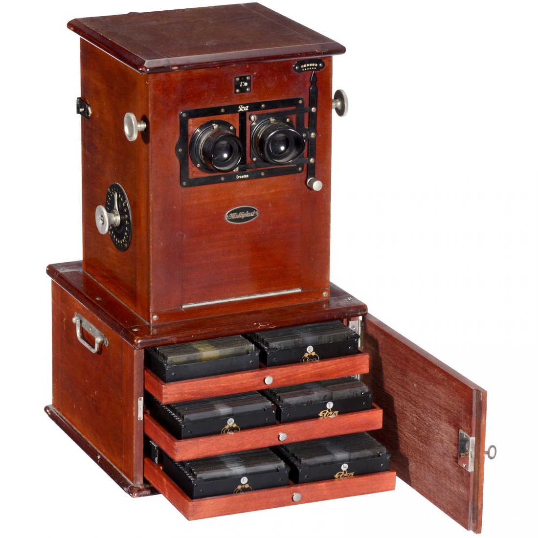 Ica Multiplast Stereo Viewer, c. 1915: Ica Multiplast Stereo Viewer, c. 1915 Ica, Dresden. For slides of 45 x 107 mm, tropical wood, nickel fittings, height 20 in., with 13 Zeiss Ikon magazines (approx. 250 stereo slides with Swiss motifs,