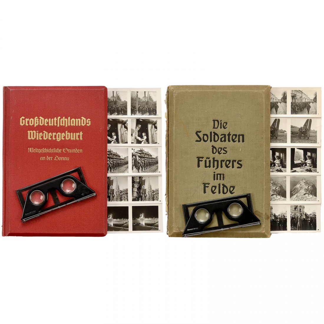 Raumbild Stereo Album "Großdeutschlands Wiedergeburt",: Raumbild Stereo Album "Großdeutschlands Wiedergeburt", 1938 Raumbild-Verlag Otto Schönstein, Munich. With 100 stereo pictures (complete) and stereo viewer, excellent condition. (2/–) – In additi