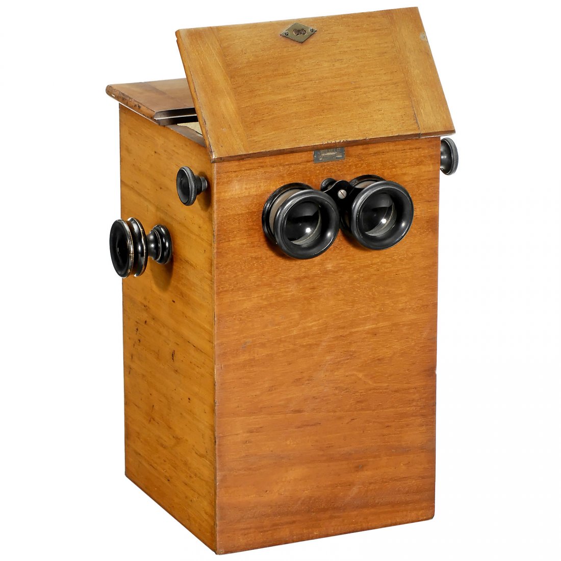 Table Stereo Viewer by Photo Hall, c. 1890: Table Stereo Viewer by Photo Hall, c. 1890 Photo Hall, Bruxelles. Small table viewer for slides and photos of 6 x 13 cm, polished wood, focusable oculars, height of the viewer 13,8 in., back ground gl
