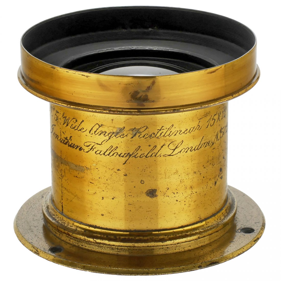 No. 5 Wide Angle Rectilinear 15 x 12 Lens by: No. 5 Wide Angle Rectilinear 15 x 12 Lens by Fallowfield, c. 1886 J.H. Dallmeyer for Jonathan Fallowfield, London. Approx. 30 cm focal length, rotating stop, front glass Ø 2 1/3 in., height 3 1/6 in.