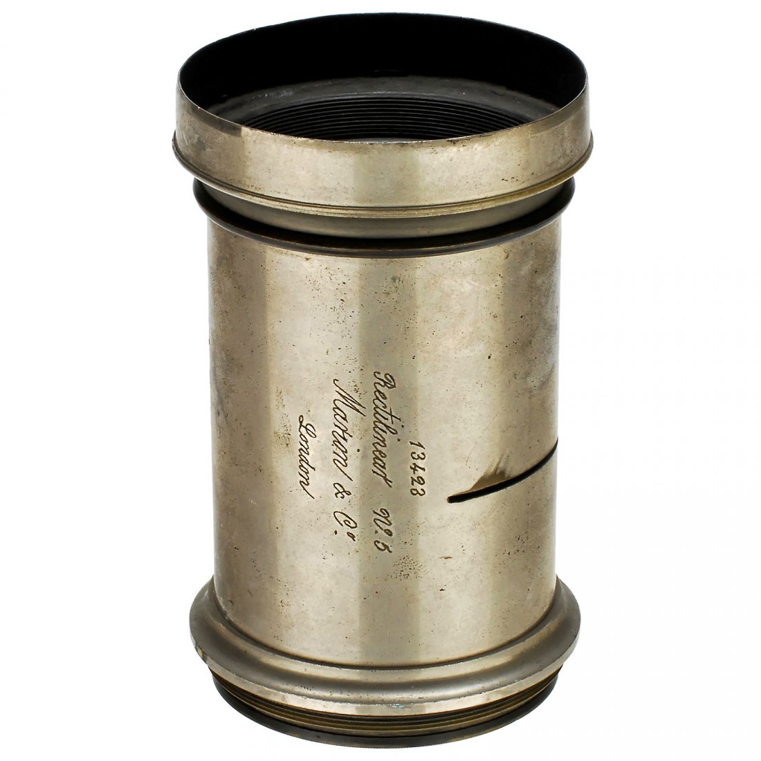 Nickeled Portrait Lens "Rectilinear" by Marion, c. 1890: Nickeled Portrait Lens "Rectilinear" by Marion, c. 1890 Marion & Co., London. "Rectilinear No. 5", no. 13423, approx. 15 in. focal length, for waterhouse stop, height of the lens 5,10 in., Ø 3,15 in.