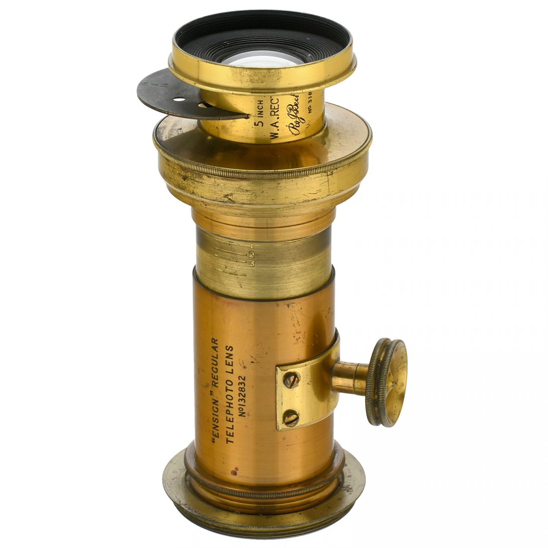 Ensign Regular Telephoto Lens, c. 1900: Ensign Regular Telephoto Lens, c. 1900 Telephoto Lens No. 132832 (back "7349"), rack and pinion, lens head: "5 inch W.A. RectR R & J Beck No. 3187", with rotating stop. Height of the lens 5,5 in., con