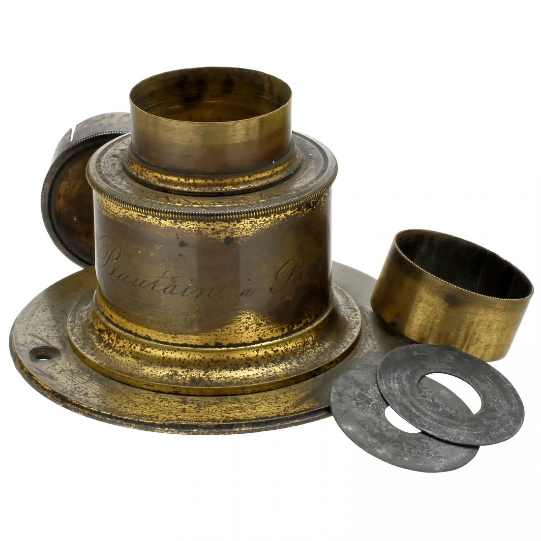 Landscape Lens by Bautain à Paris, c. 1850–55: Landscape Lens by Bautain à Paris, c. 1850–55 Brass lens, focal length approx. 16 cm (6,3 in.), with 2 washer stops, height of the lens 2,35 in., Ø 1,95 in., connecting ring Ø 3,15 in., with orig