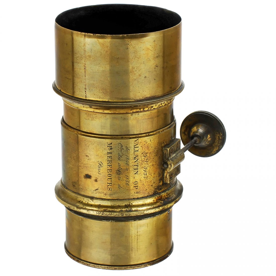 Portrait Lens (Petzval-Type) by Vallantin, c. 1858: Portrait Lens (Petzval-Type) by Vallantin, c. 1858 No. 3435, with an interesting engraving: "Vallantin Opn de 1840 à 1856 C.tre des ateliers de Mr Lerebours Paris". Focal length: approx. 8,65 in., he