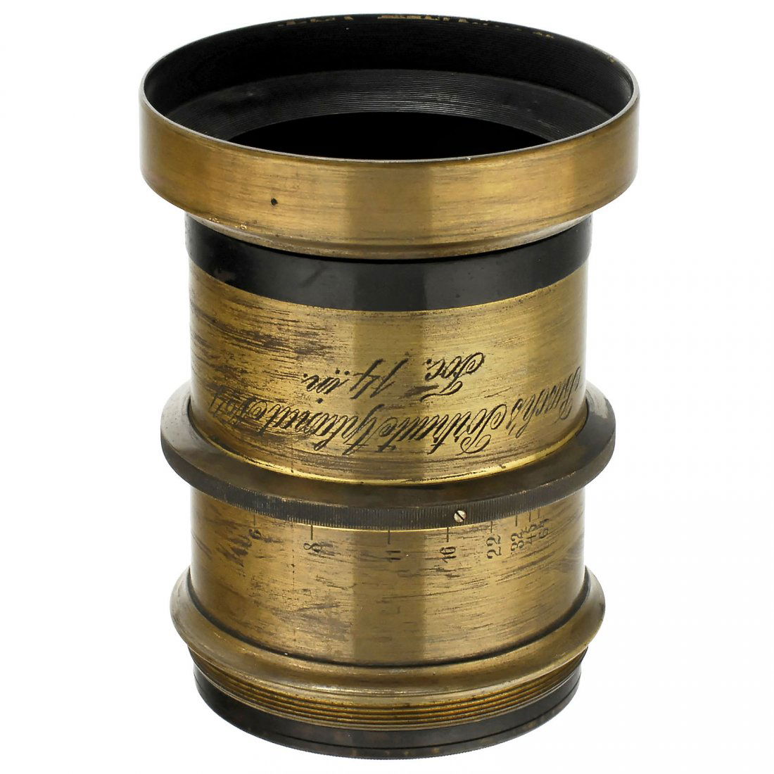 Busch's Portrait Aplanat No. 4 Foc. 14 in., c. 1910: Busch's Portrait Aplanat No. 4 Foc. 14 in., c. 1910 "Rath. Opt. Ind. Anst. vorm. Emil Busch Rathenow." Portrait lens with 350 mm focal length diaphragm 1:6–1:64 (iris stop), height 4 ¾ in., Ø 3