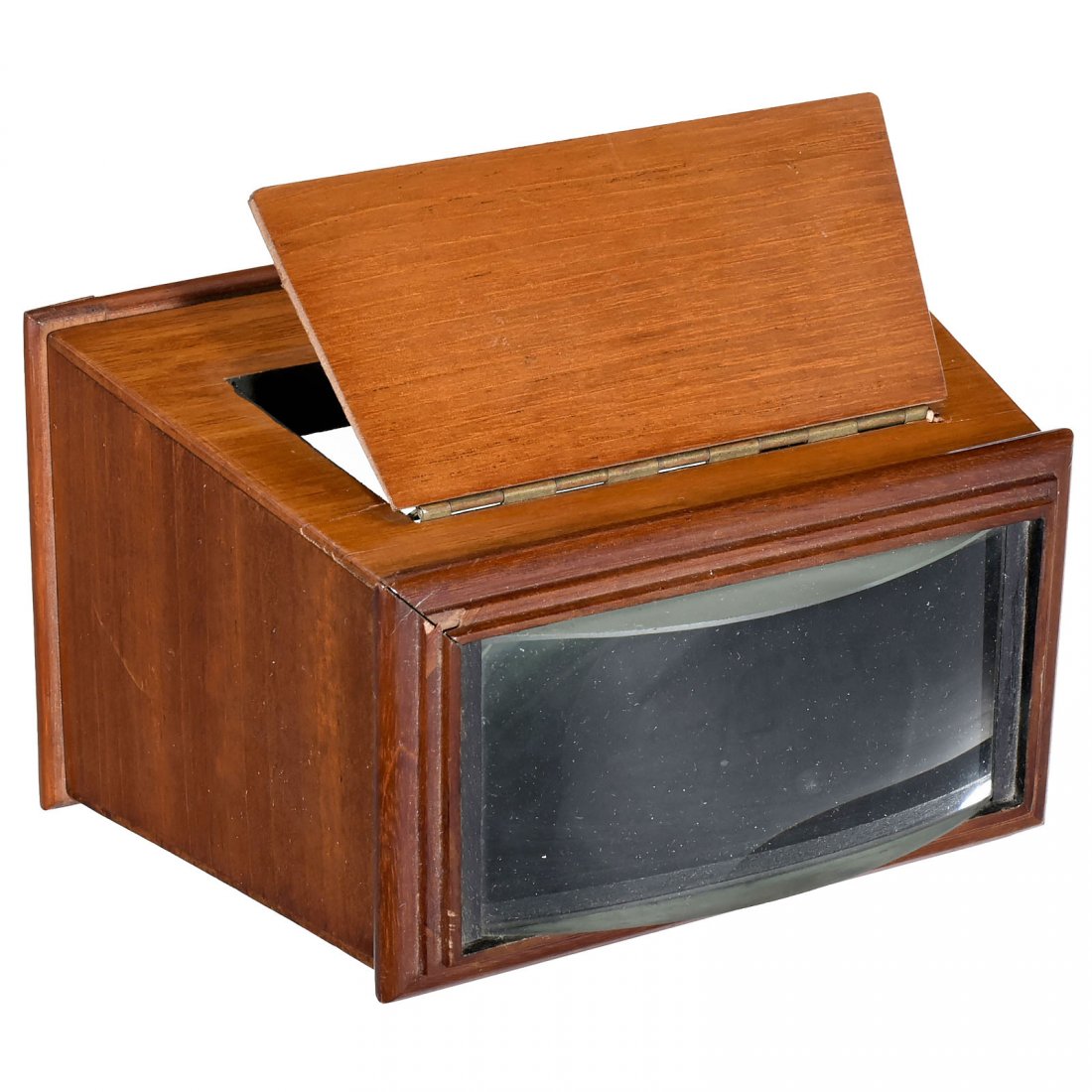 Hand Viewer for Panoramic Pictures, c. 1890: Hand Viewer for Panoramic Pictures, c. 1890 Polished wood, with large loupe, for panoramic pictures and slides of approx. 2,35 x 4,75 in. – Rare! Handbetrachter für Panoramabilder, um 1890 Edelholz