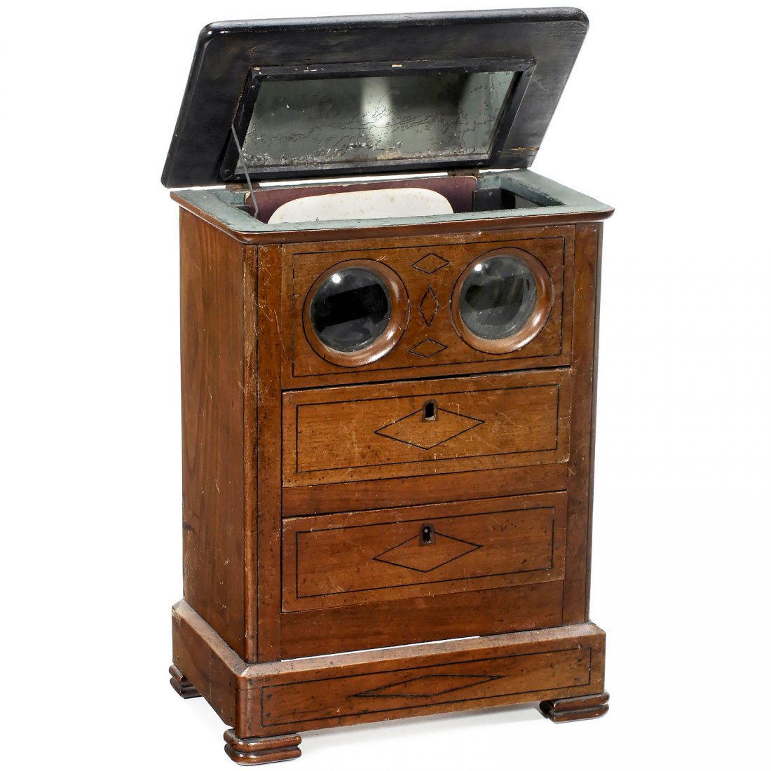 Panoramic-Picture Viewer, c. 1860: Panoramic-Picture Viewer, c. 1860 For lithographs of 9 x 18 cm, with dual oculars (not stereo) of 2,35 in. diameter, hinged lid with mirror, chest-form body with 2 removable drawers and ebonized strin