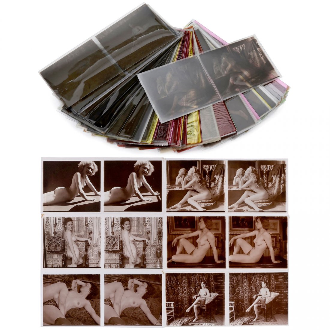 Stereo Slides "Erotica": Stereo Slides "Erotica" Approx. 47 stereo slides (2 times 6 x 6 cm), rollfilm 120, black and white, predominant coloring "chamois", professional studio pictures. Stereodias "Erotika" Ca. 47 Stereodias