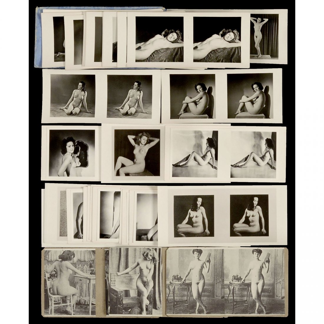 Stereo Nude Pictures: Stereo Nude Pictures Various formats. 20 stereo pictures of 6 x 13 cm (copies) from series "Martin's Kunstmappe Serie I". One complete set (original) "Martin's Kunstmappe Serie I", with original box a