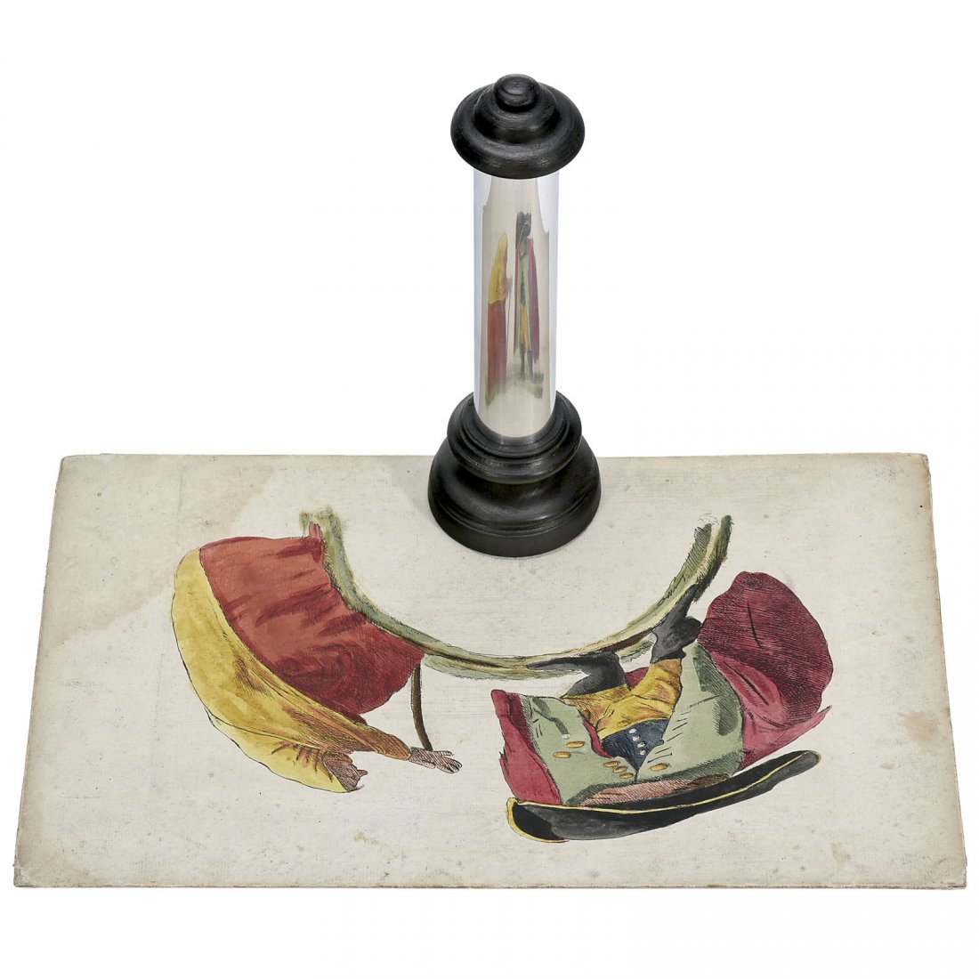 4 Original Anamorphic Pictures by Werkstatt van: 4 Original Anamorphic Pictures by Werkstatt van Musschenbroek in Leyden, c. 1720 Hand-colored copperplate engravings signed "AvM", 9,45 x 14,75 in., with replica "Anamorphoscope" cylinder, height 9,45