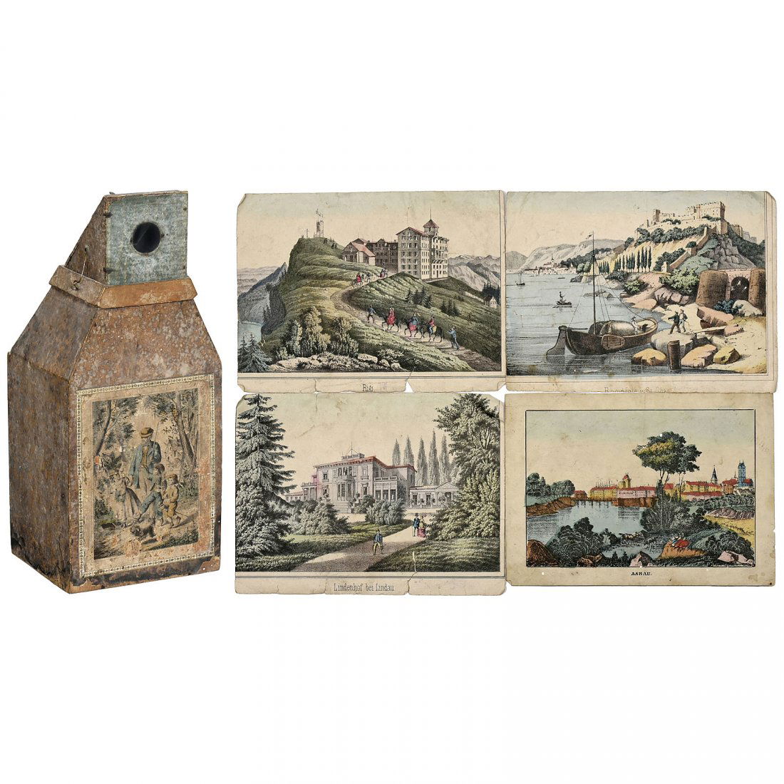 German Toy Peep Box, c. 1840/50: German Toy Peep Box, c. 1840/50 Rare vertical peep-box with mirror deflection (mirror replaced), wooden body with decorative colored print, height 17 in., with 4 colored day-and-night pictures: "Linde