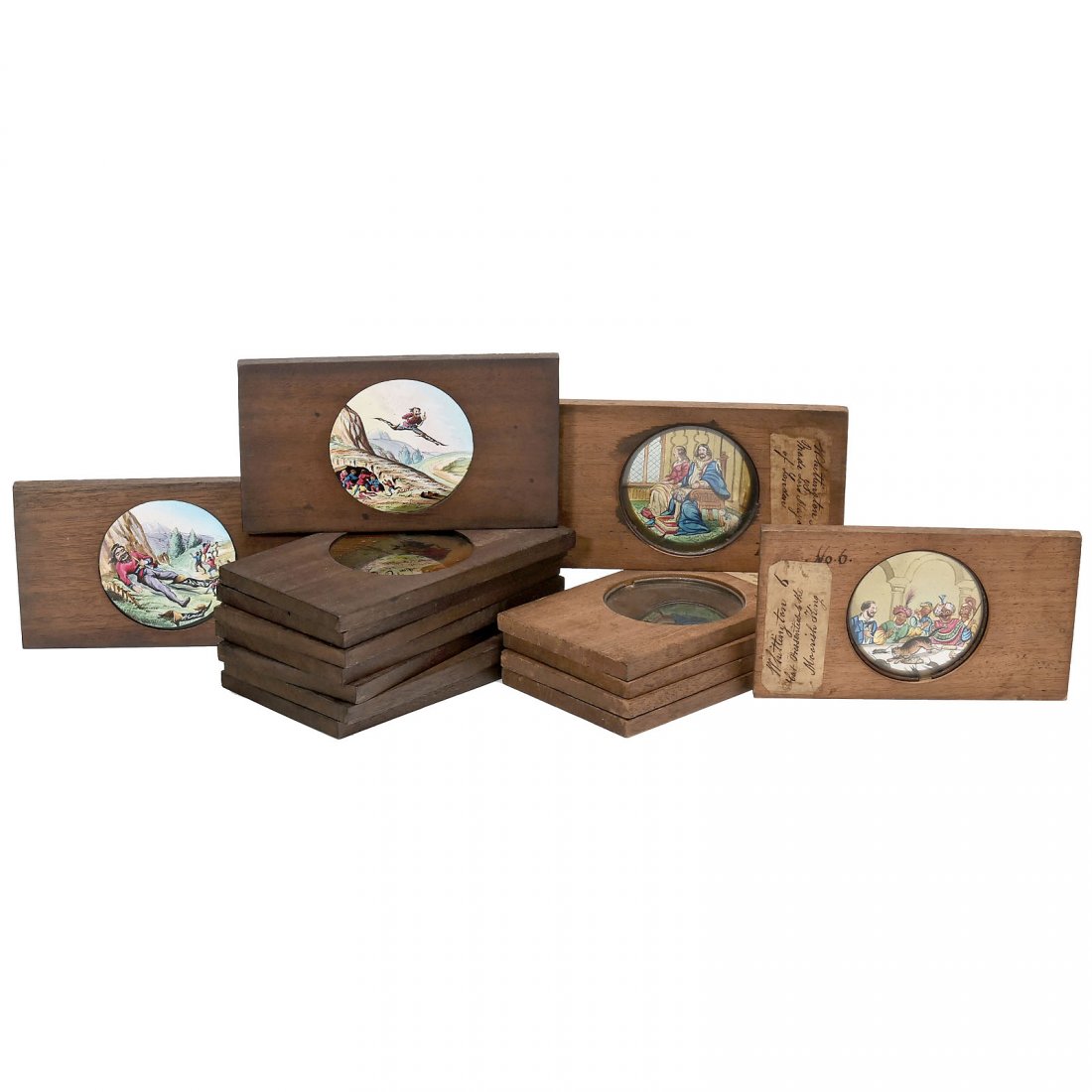 2 Sets of Wood-Framed Magic Lantern Fairy-Tale Slides: 2 Sets of Wood-Framed Magic Lantern Fairy-Tale Slides 4 x 7 in. (10 x 17,5 cm), 6 (of 7) hand-painted "Whittington" slides with inscribed labels (missing slide no. 5), and 8 hand-colored "Hop o' My Th