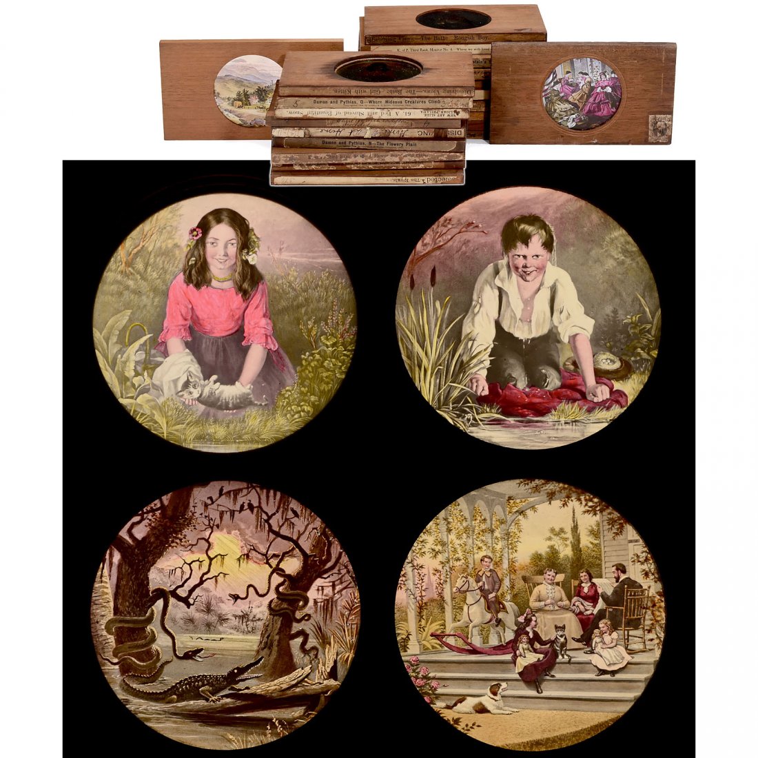 21 Wood-Mounted Masonic and Other American Magic: 21 Wood-Mounted Masonic and Other American Magic Lantern Slides Majority hand-colored or chromolithograph, including two stamped "T.H. McAllister, Optician, N.Y.", 4 Masonic slides with labels "K. of 