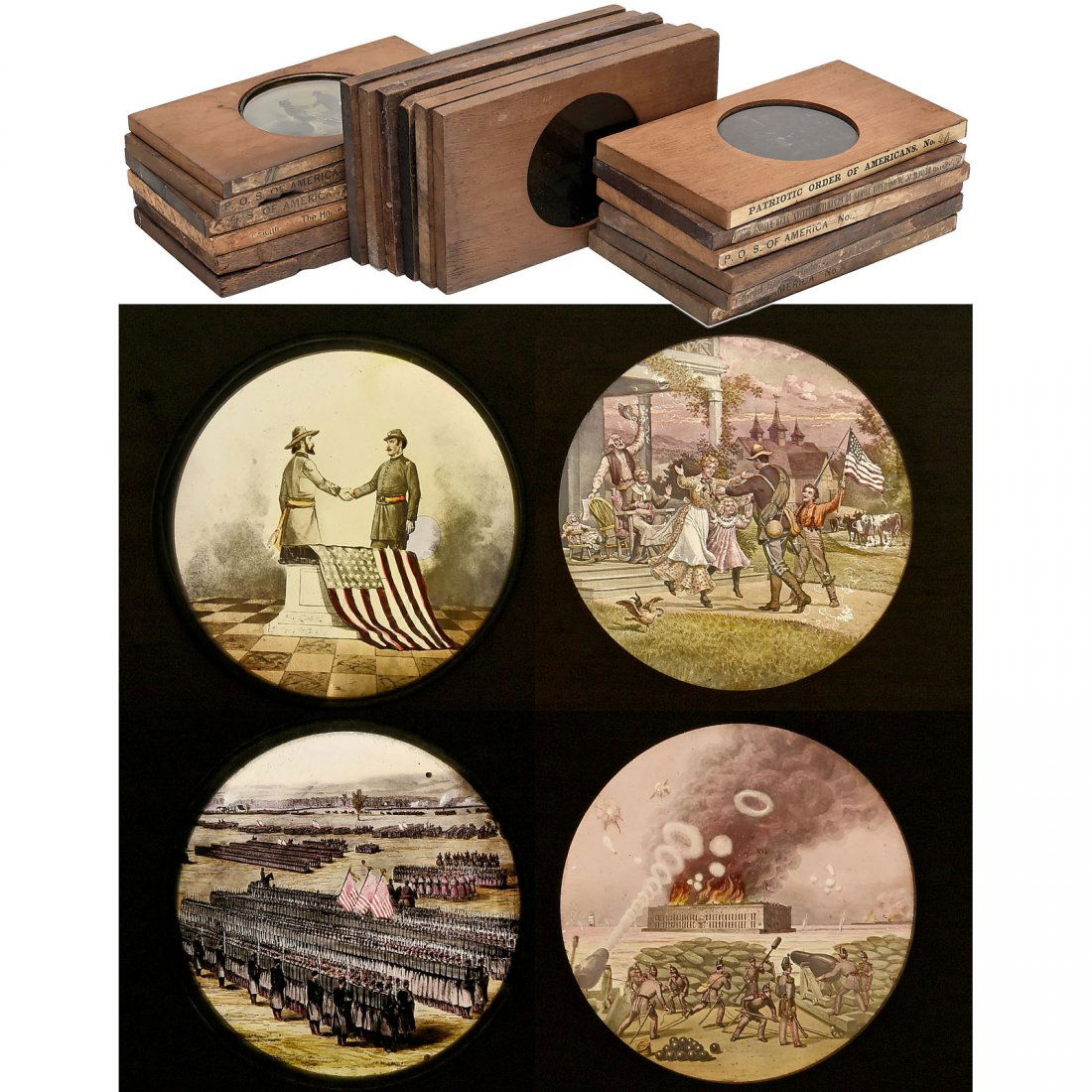 18 Wood-Framed American History Magic Lantern Slides: 18 Wood-Framed American History Magic Lantern Slides 4 x 7 in. (10 x 17,5 cm), colored transfer scenes of the American Civil War, mainly from the "Patriotic Order Sons of America" and "Patriotic Order