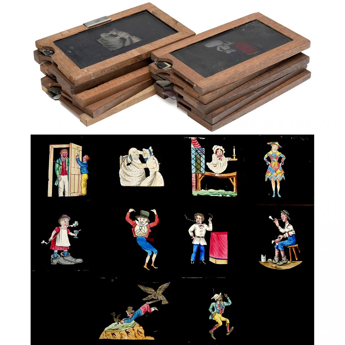 10 Wood-Framed Magic Lantern Slipping Slides: 10 Wood-Framed Magic Lantern Slipping Slides 4 x 7 in. (10 x 17,5 cm), hand-painted comical motifs, including a dancing harlequin, school boy and his teacher, three smokers and a somnambulist falling