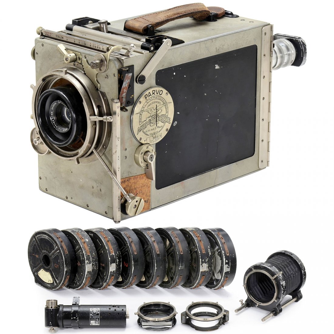 Parvo L 35 mm Movie Camera, c. 1935: Parvo L 35 mm Movie Camera, c. 1935 André Debrie, Paris. No. 6878, for 120 m co-axial interior cassettes, Kinoptik 1:2/50 mm lens, Newton viewfinder (unmounted), handcrank or electric motor drive (in