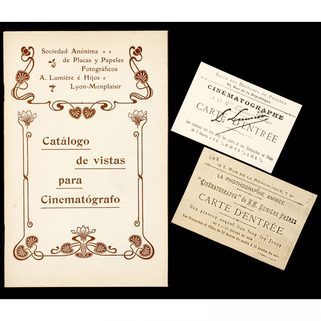 World 1st Movie Screening Documents by Auguste & Louis: World 1st Movie Screening Documents by Auguste & Louis Lumière in Paris, 1895 2 tickets and the 58-page catalog (Spanish) of the entire A. Lumière film program from c. 1900. – Extraordinary and ra