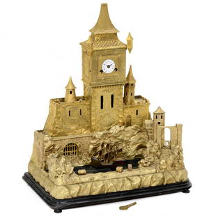 Gilt Architectural Musical Automaton Clock, c. 1870: Gilt Architectural Musical Automaton Clock, c. 1870 France, with two-train movement stamped "Baullier & Fils, Paris, 701", striking hours and halves on bell, silk-thread suspension, 1 ½-inch (3,8 cm)