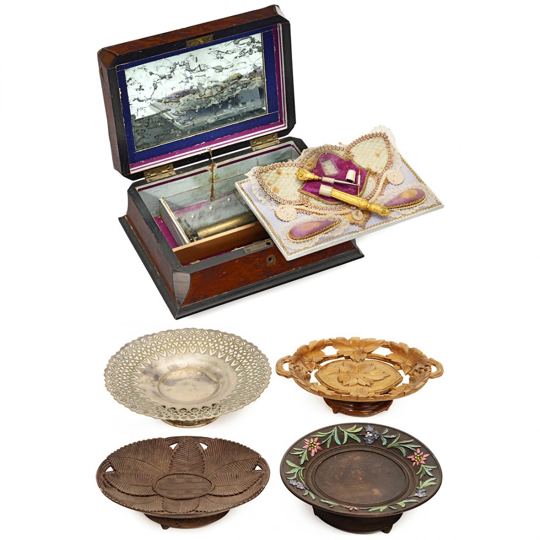1 Musical Sewing Box and 3 Carved Musical Dishes, Late (1 of 3)