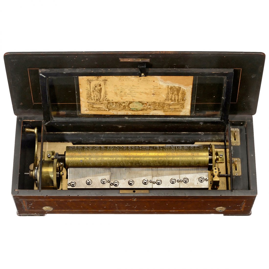 Quator Musical Box by Langdorff, c. 1885: Quator Musical Box by Langdorff, c. 1885 Playing five operatic airs by Verdi, Donizetti, Offenbach, Rossini and Aubert and a gallop by Strauß, with four combs of 122 in total: the two bass combs of 3
