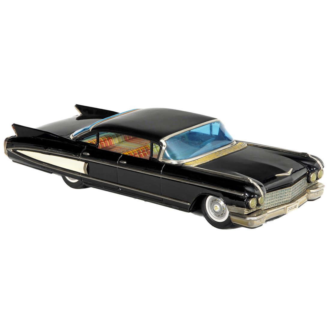 Large Cadillac by "Yonezawa", 1960: Large Cadillac by "Yonezawa", 1960 Japanese lithographed tin toy car, friction, length 18 in.! Very rare in this good condition. – Literature: Kelly, "The Tin Toy Car", p. 26. Großer Cadillac "Yone