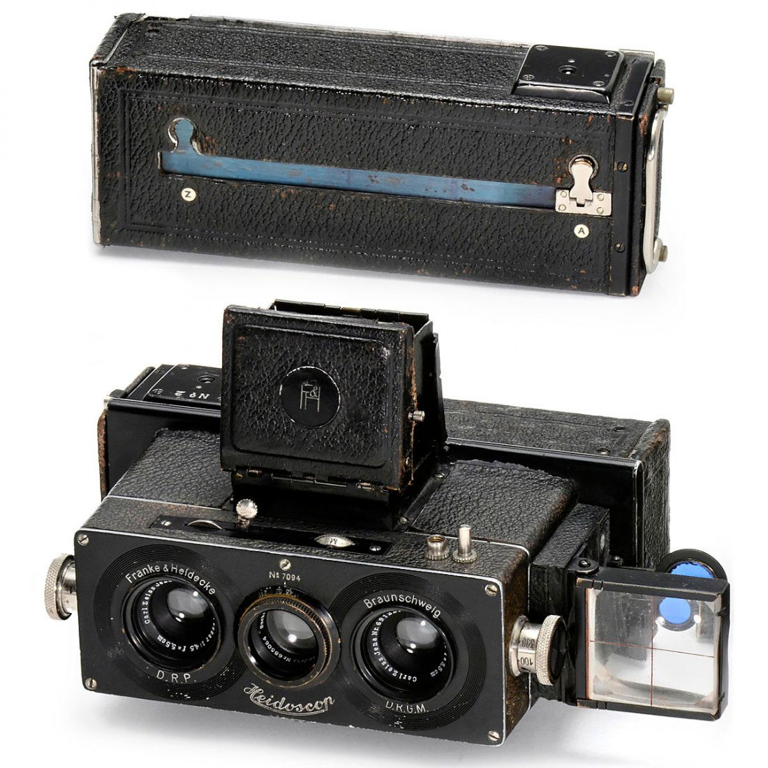 Heidoscop 45 x 107, Second Model, 1925: Heidoscop 45 x 107, Second Model, 1925 Franke & Heidecke, Braunschweig. Stereo camera for plates of 45 x 107 mm, image size 4 x 4 cm, lenses: Carl Zeiss Jena Tessar 4,5/5,5 cm, viewfinder lens: Triple