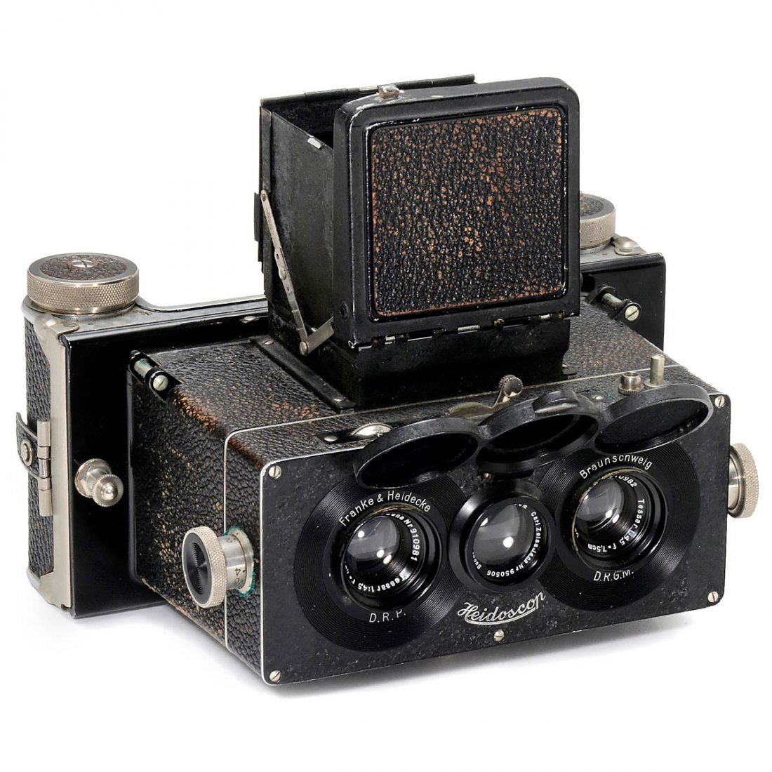 Heidoscop 6 x 13, Fourth Model, 1931: Heidoscop 6 x 13, Fourth Model, 1931 Franke & Heidecke, Braunschweig. Stereo camera for plates of 6 x 13 cm and 120 rollfilm, lenses: Carl Zeiss Jena Tessar 4,5/7,5 cm, stereo central shutter (does no