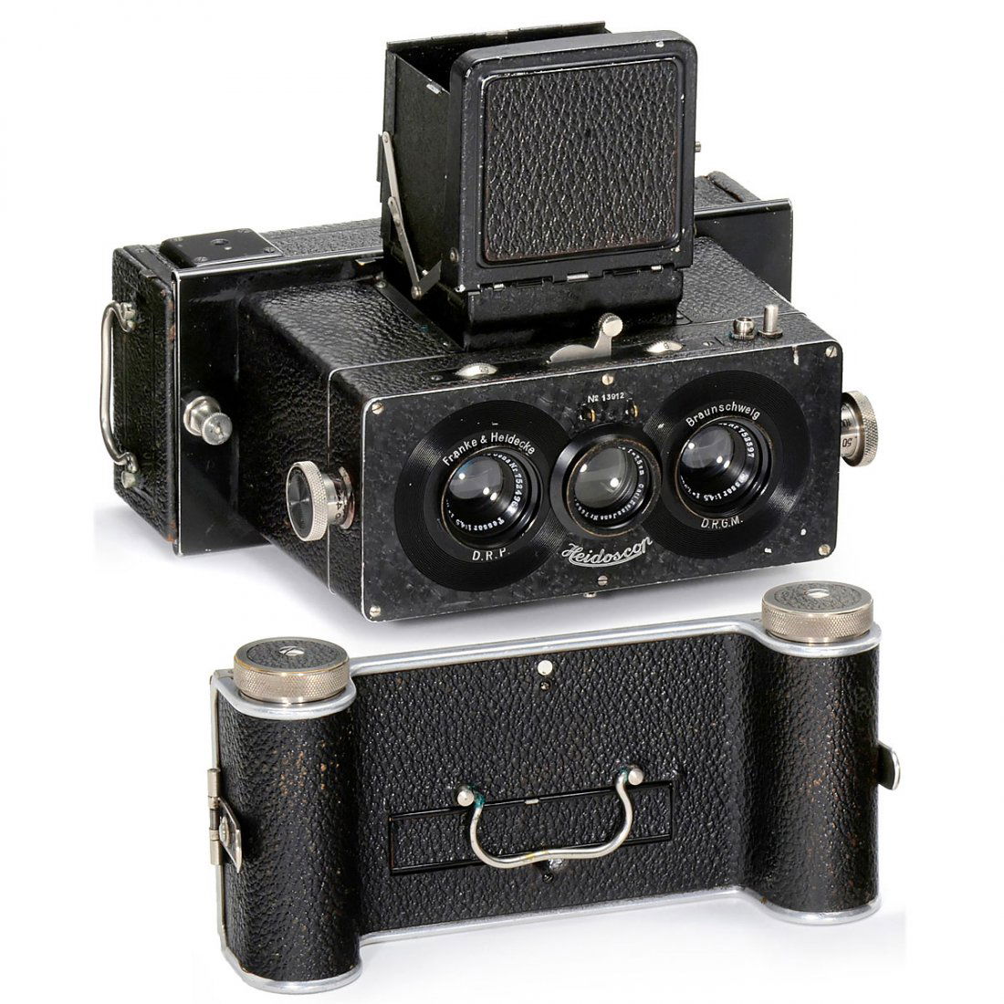 Heidoscop 6 x 13, Fourth Model, 1931: Heidoscop 6 x 13, Fourth Model, 1931 Franke & Heidecke, Braunschweig. Stereo camera for plates of 6 x 13 cm and 120 rollfilm, image size 6 x 6 cm, lenses: Carl Zeiss Jena Tessar 4,5/7,5 cm (cover for